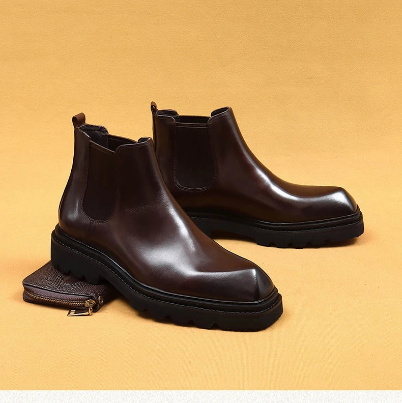 Retro Mens Genuine Leather Boots Luxury Quality Handmade British Trend Platform Ankle Fashion Black Chelsea Business Shoes Man
