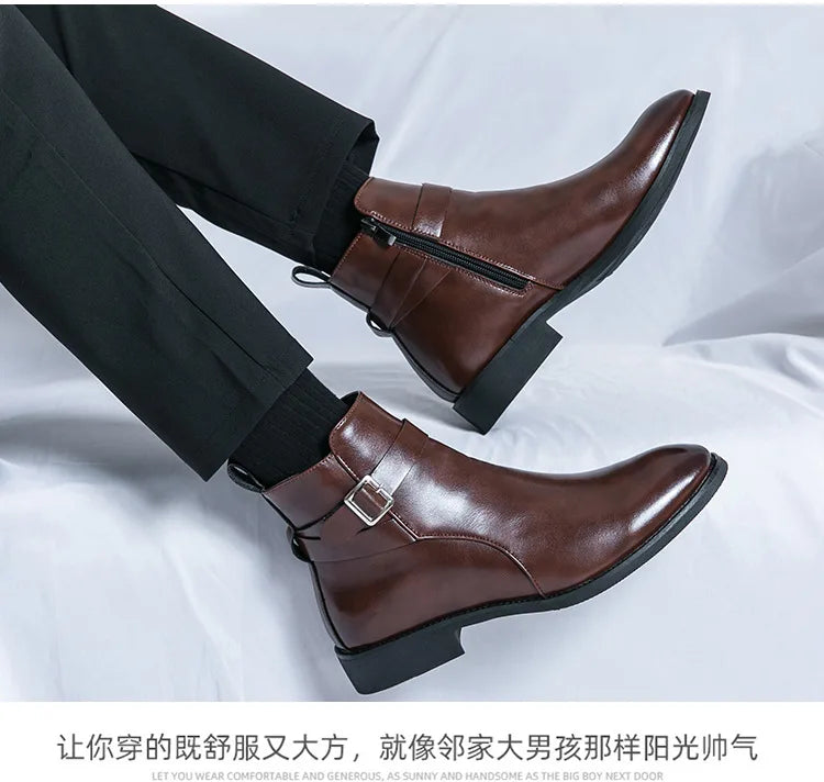 Men's Winter High-top Versatile Chelsea Boots Classic Soft and Comfortable Zippered Shoes Maximum Size 47 Black Leather Shoes