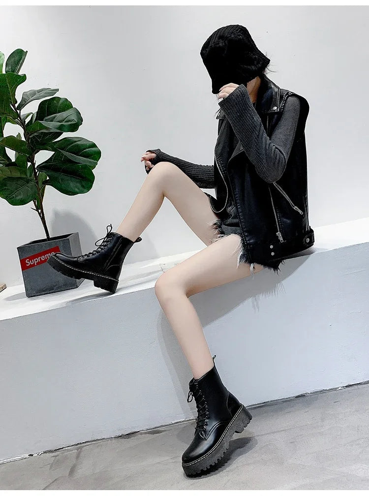 New Mid Calf Boots Women Winter Fashion Lace-up Ladies Chelsea Zipper Botas Mujer Boots Sports Platform Heel Ladies Shoes