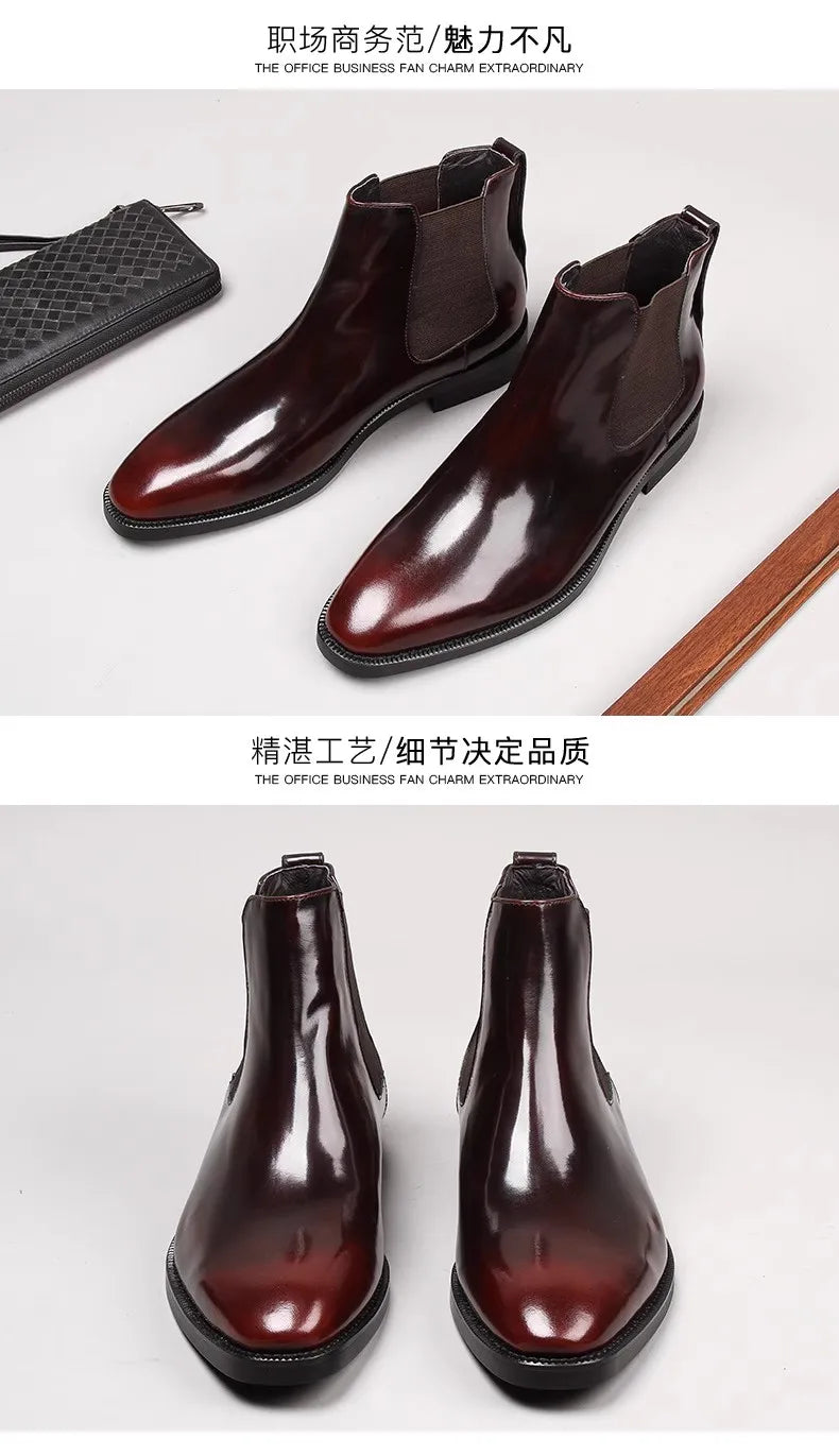 Men's Chelsea boots, glossy leather, high-top shoes, business pointed toe slip-on genuine leather work boots, short leather boot