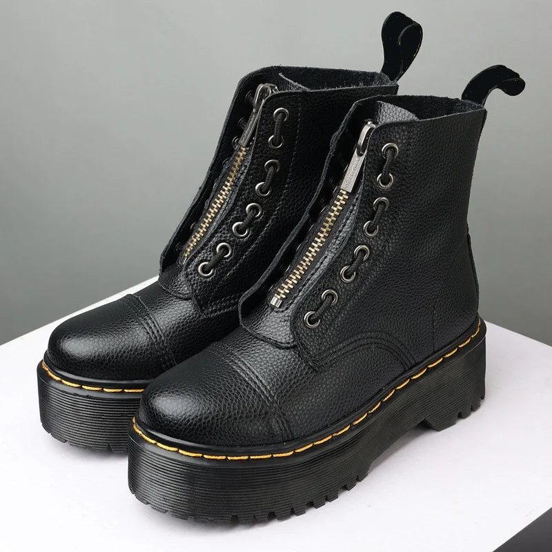 British Punk Style 8-Hole Motorcycle Boots: 2-Way Wear Chunky Platform with Front Zipper - Fashion Unisex All-Season Boots for