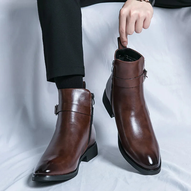 Men's Winter High-top Versatile Chelsea Boots Classic Soft and Comfortable Zippered Shoes Maximum Size 47 Black Leather Shoes