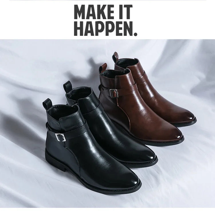 Men's Winter High-top Versatile Chelsea Boots Classic Soft and Comfortable Zippered Shoes Maximum Size 47 Black Leather Shoes