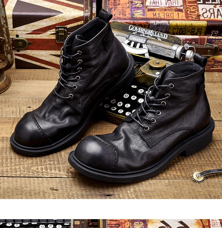 Vintage Business Mens Boots Luxury Genuine Cow Leather Spring Work Shoes 2025 New Style Full Grain Leather Round Toe Ankle Boots