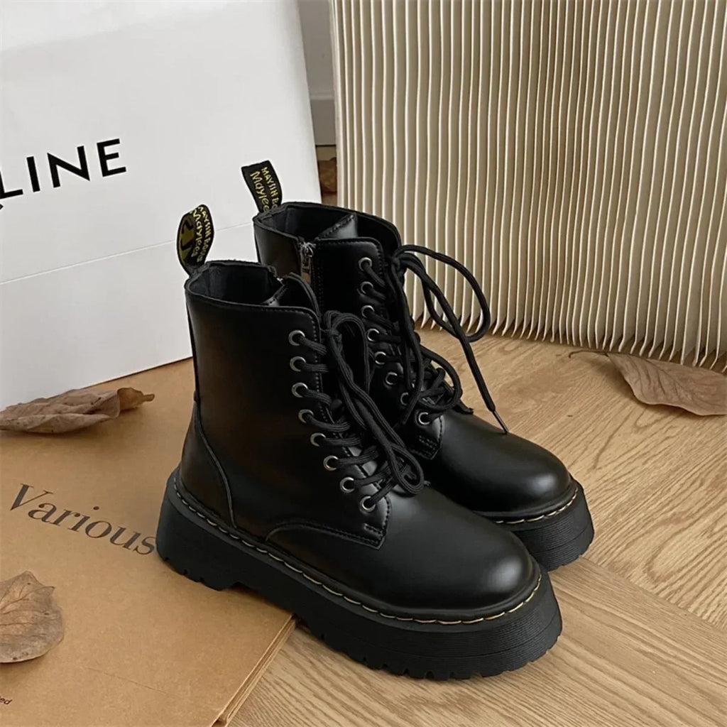 New Women Motorcycle Boots Casual Shoes Woman Leather Minimalist Classic Punk Female Goth Shoes Platform Boots Women Botas Mujer