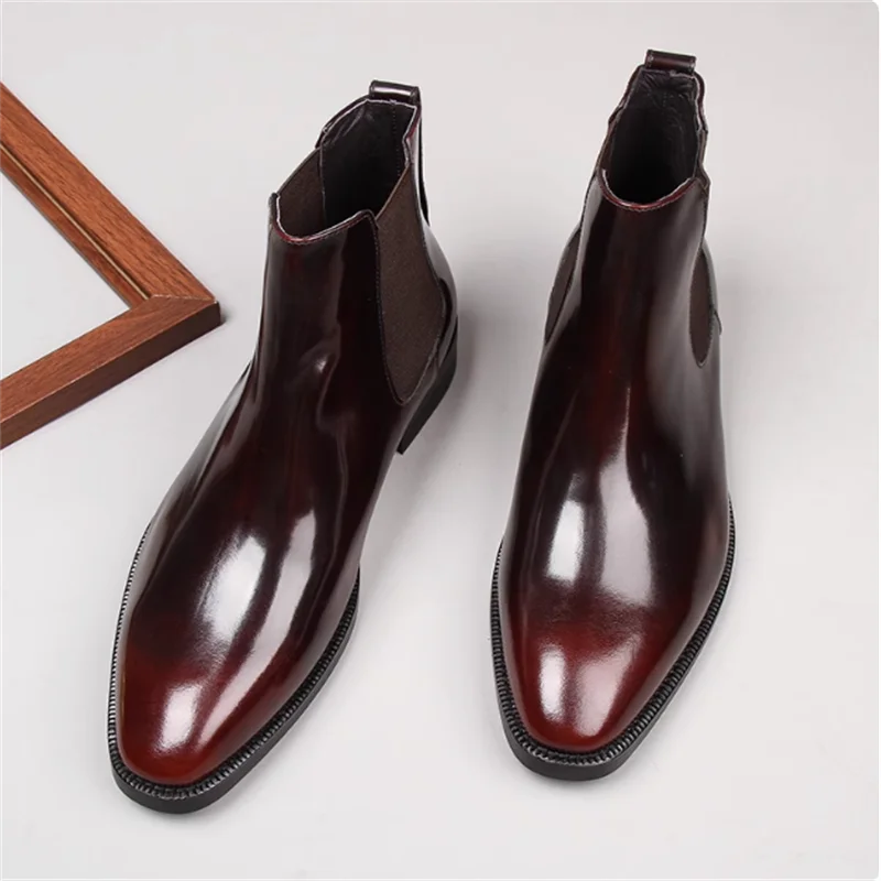 Men's Chelsea boots, glossy leather, high-top shoes, business pointed toe slip-on genuine leather work boots, short leather boot