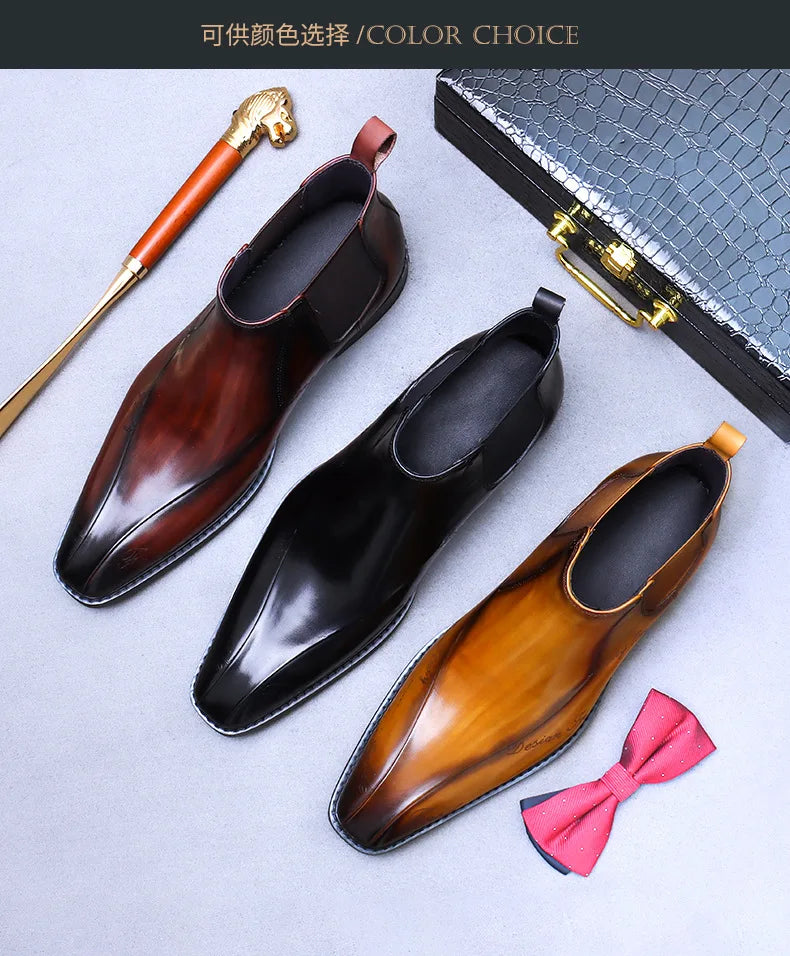 High-Top Men's Chelsea Boots Full Grain Leather British Retro Ankle Boots Business Casual Trendy Men's Shoes