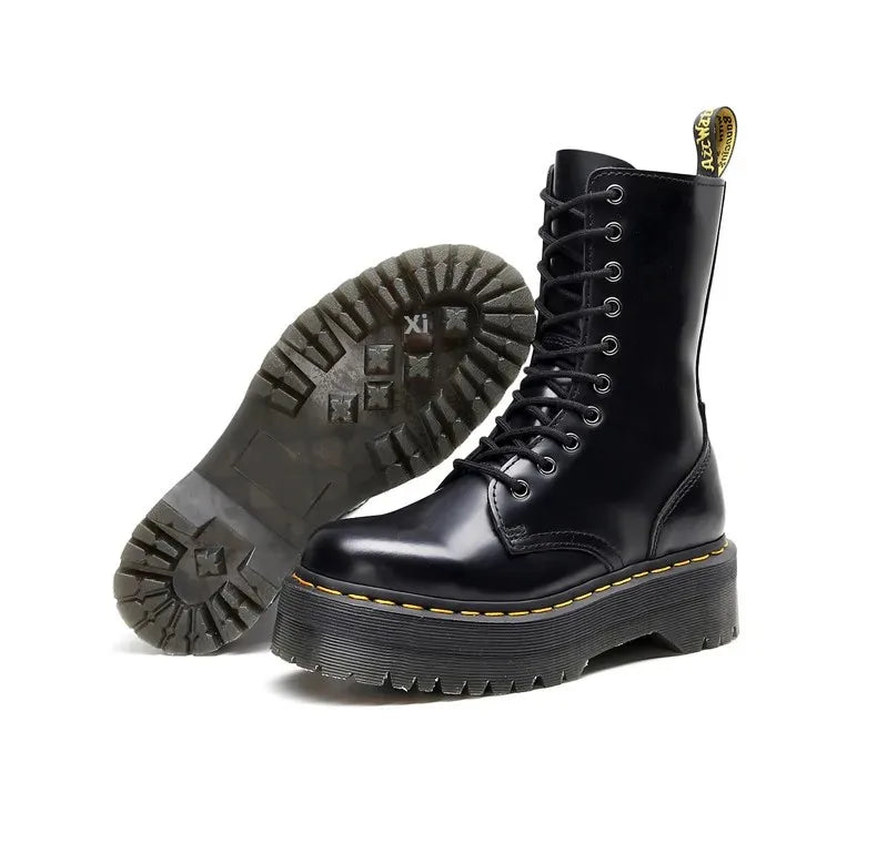 Women's Motorcycle Boots 10 Holes Thick Bottom Side Zipper British Style Long Booties Flatform Work Boots round Toe Mid Heel