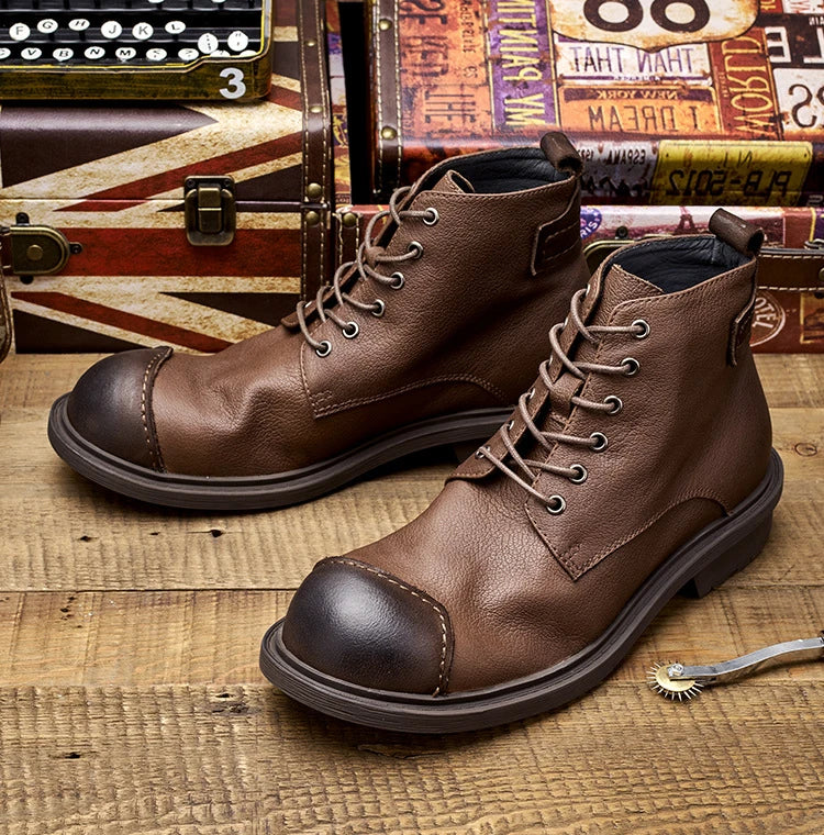 Vintage Business Mens Boots Luxury Genuine Cow Leather Spring Work Shoes 2025 New Style Full Grain Leather Round Toe Ankle Boots