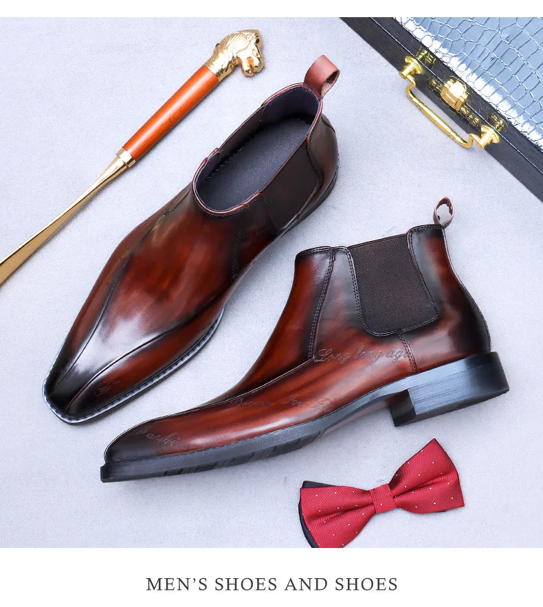 High-Top Men's Chelsea Boots Full Grain Leather British Retro Ankle Boots Business Casual Trendy Men's Shoes