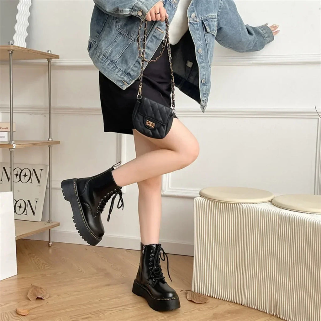 New Women Motorcycle Boots Casual Shoes Woman Leather Minimalist Classic Punk Female Goth Shoes Platform Boots Women Botas Mujer