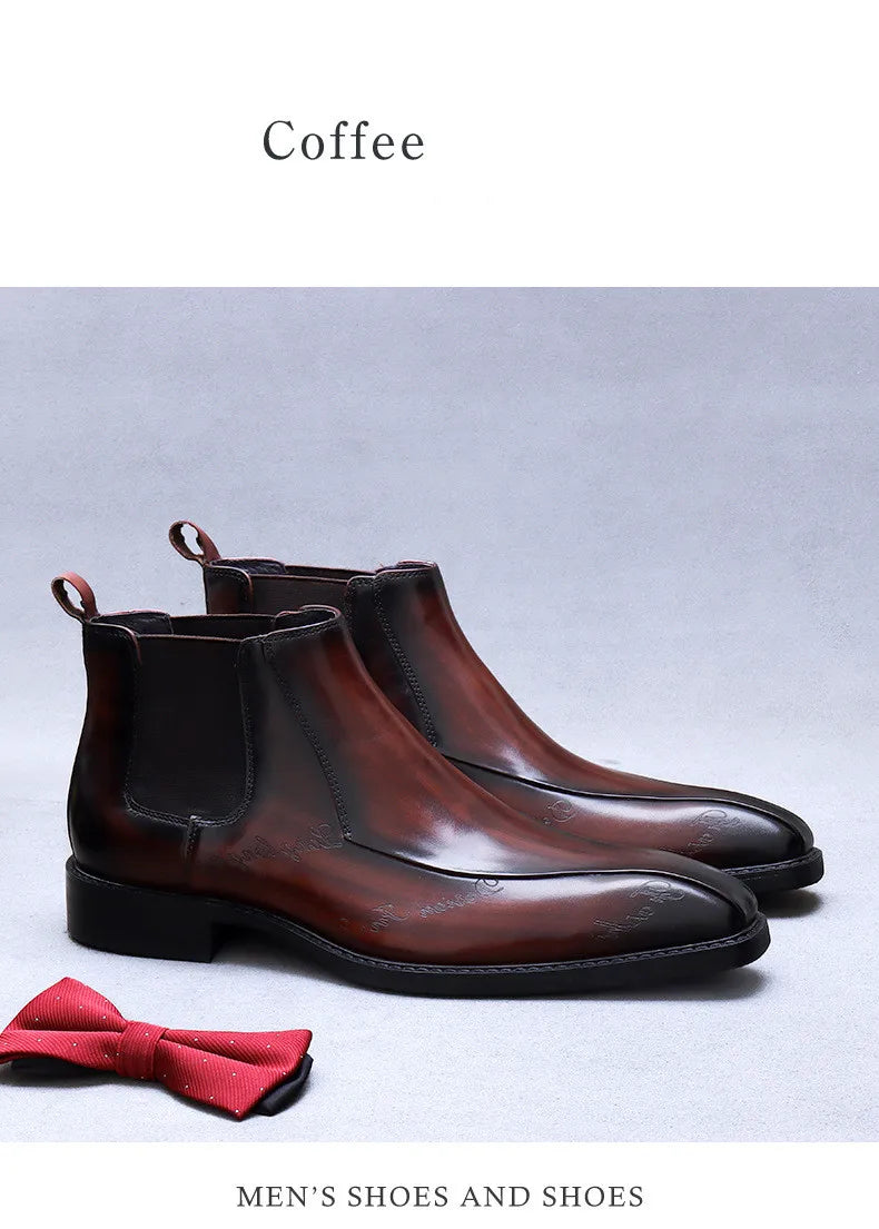 High-Top Men's Chelsea Boots Full Grain Leather British Retro Ankle Boots Business Casual Trendy Men's Shoes
