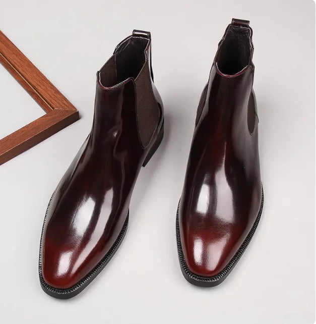 Men's Chelsea boots, glossy leather, high-top shoes, business pointed toe slip-on genuine leather work boots, short leather boot