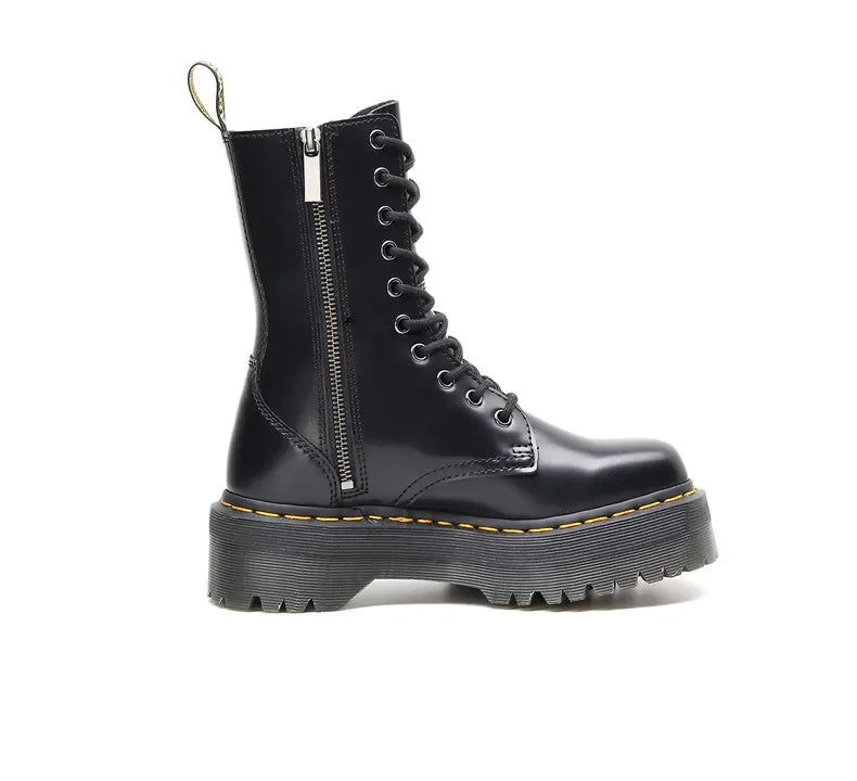 Women's Motorcycle Boots 10 Holes Thick Bottom Side Zipper British Style Long Booties Flatform Work Boots round Toe Mid Heel