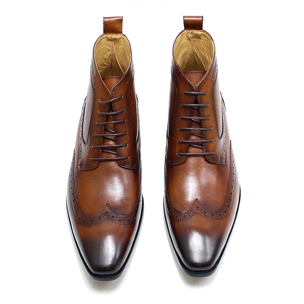 Men's Classic Calfskin Real Leather Cowboy Boots Lace-Up Wingtip Pointed Toe High Cut Formal Derby Shoes