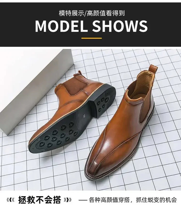 New Brown Chelsea Boots for Men Ankle Business Square Toe Slip-On Mens Boots  Size 38-45