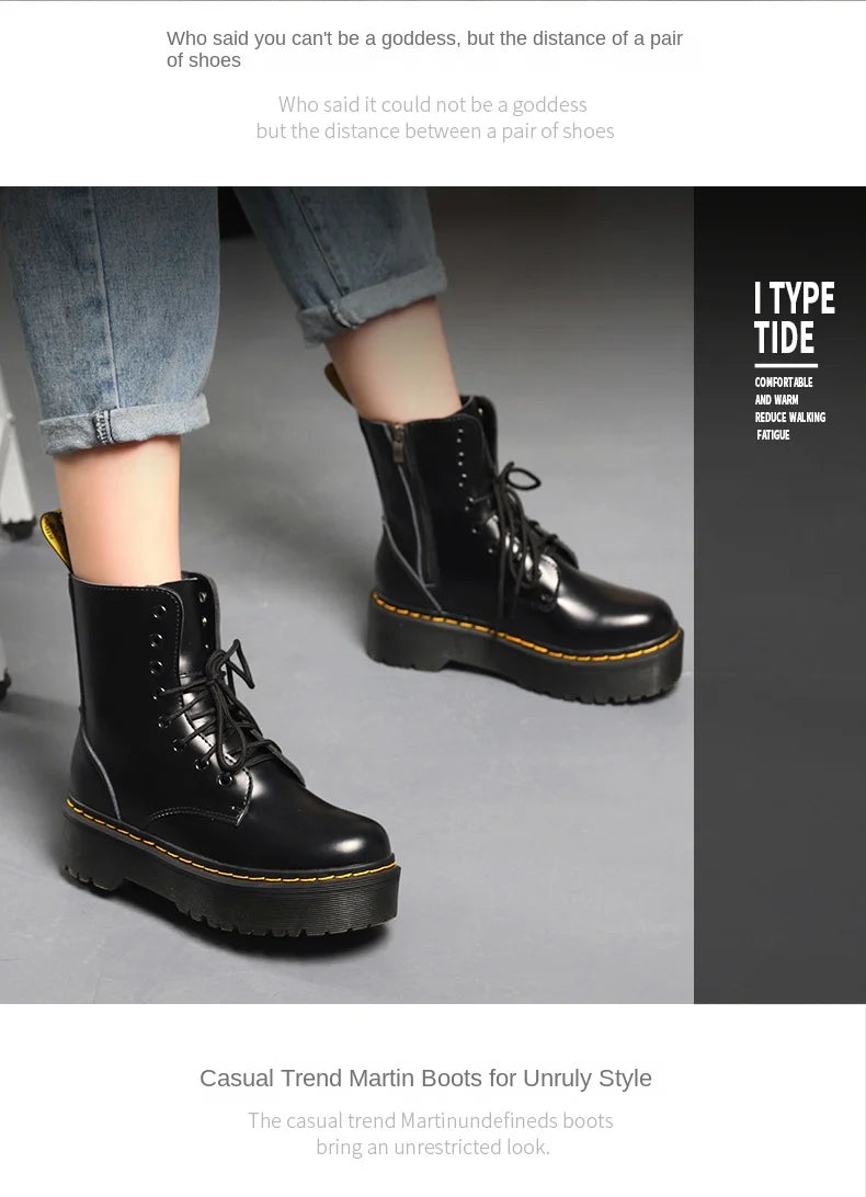 British Punk Style 8-Hole Motorcycle Boots: 2-Way Wear Chunky Platform with Front Zipper - Fashion Unisex All-Season Boots for