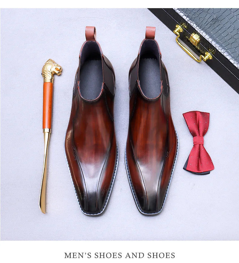 High-Top Men's Chelsea Boots Full Grain Leather British Retro Ankle Boots Business Casual Trendy Men's Shoes