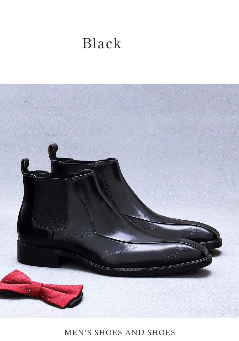 High-Top Men's Chelsea Boots Full Grain Leather British Retro Ankle Boots Business Casual Trendy Men's Shoes