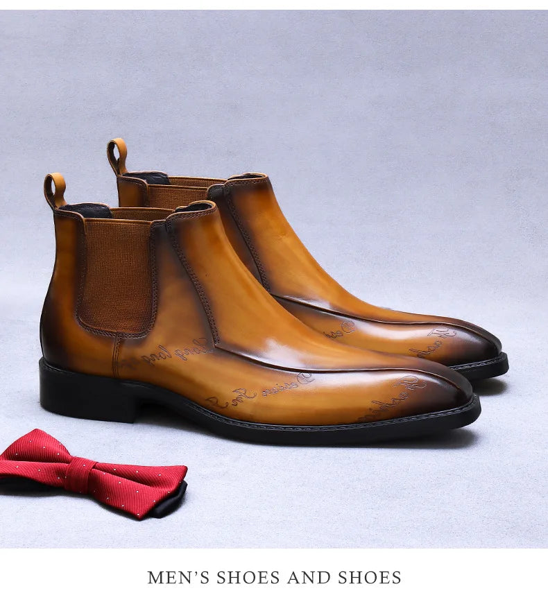 High-Top Men's Chelsea Boots Full Grain Leather British Retro Ankle Boots Business Casual Trendy Men's Shoes