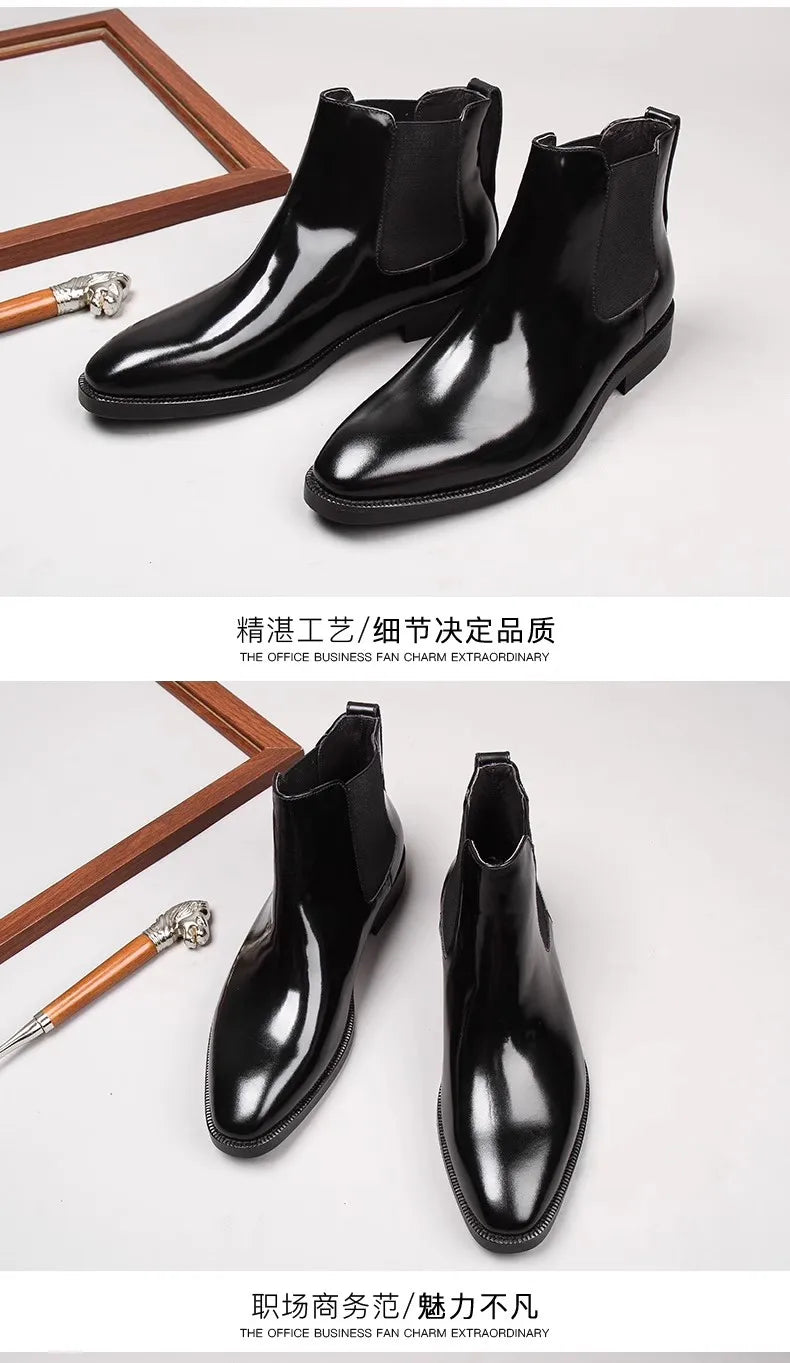 Men's Chelsea boots, glossy leather, high-top shoes, business pointed toe slip-on genuine leather work boots, short leather boot