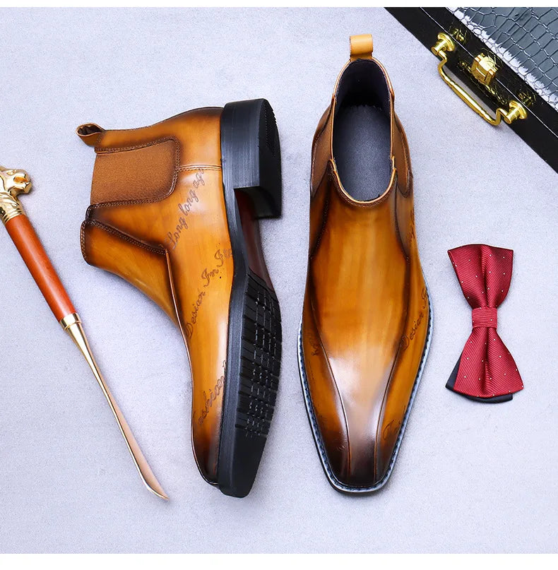 High-Top Men's Chelsea Boots Full Grain Leather British Retro Ankle Boots Business Casual Trendy Men's Shoes