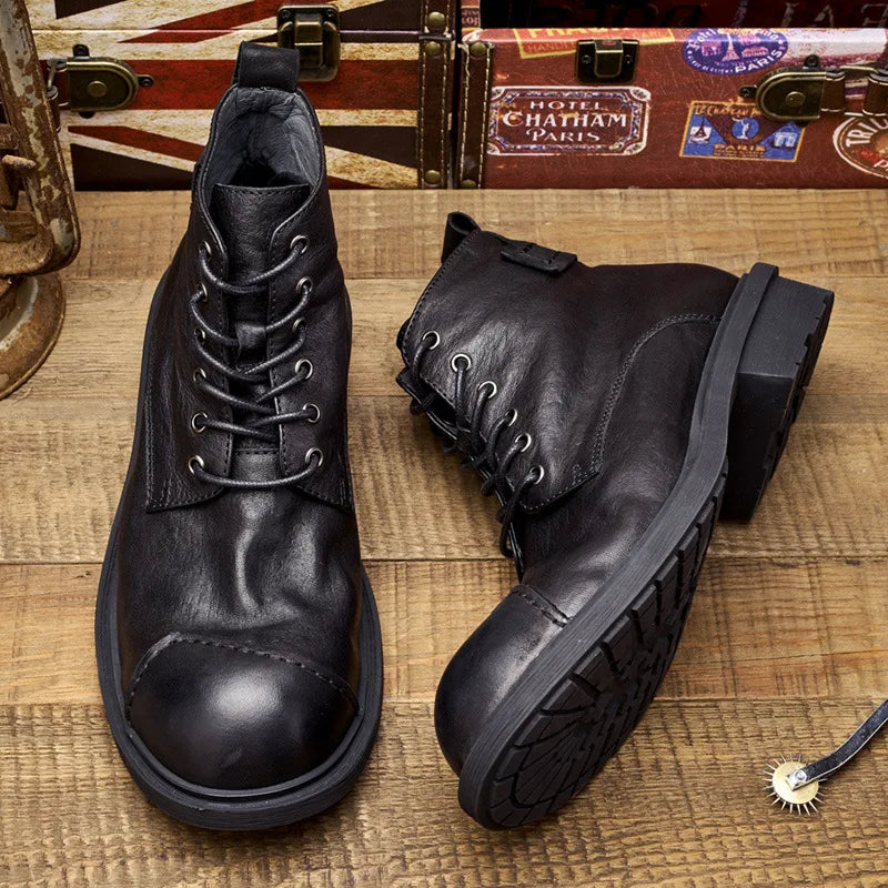 Vintage Business Mens Boots Luxury Genuine Cow Leather Spring Work Shoes 2025 New Style Full Grain Leather Round Toe Ankle Boots