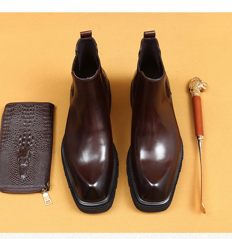 Retro Mens Genuine Leather Boots Luxury Quality Handmade British Trend Platform Ankle Fashion Black Chelsea Business Shoes Man