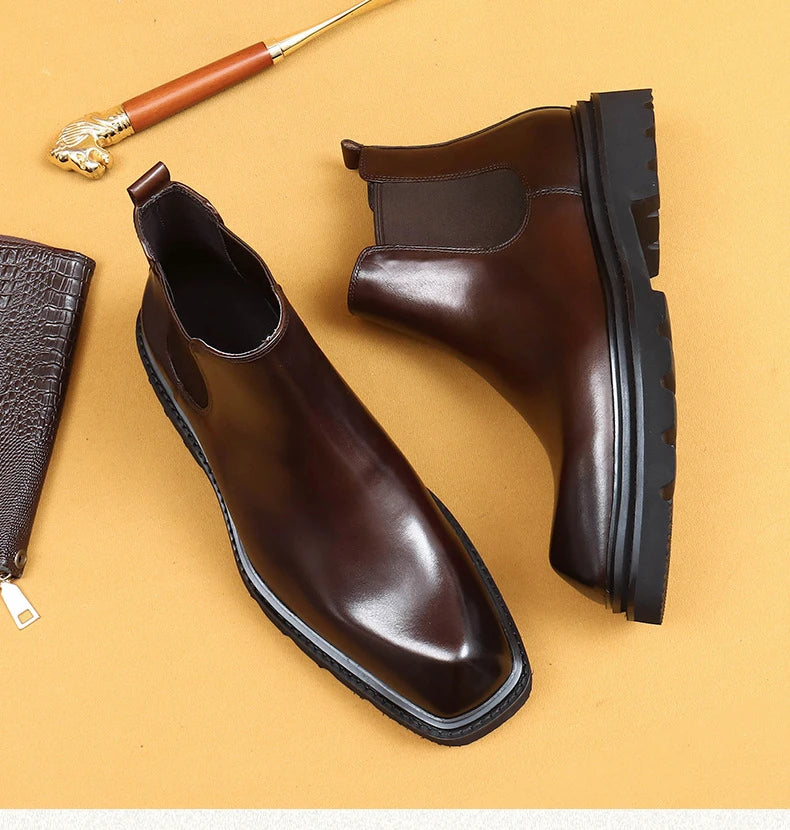 Retro Mens Genuine Leather Boots Luxury Quality Handmade British Trend Platform Ankle Fashion Black Chelsea Business Shoes Man
