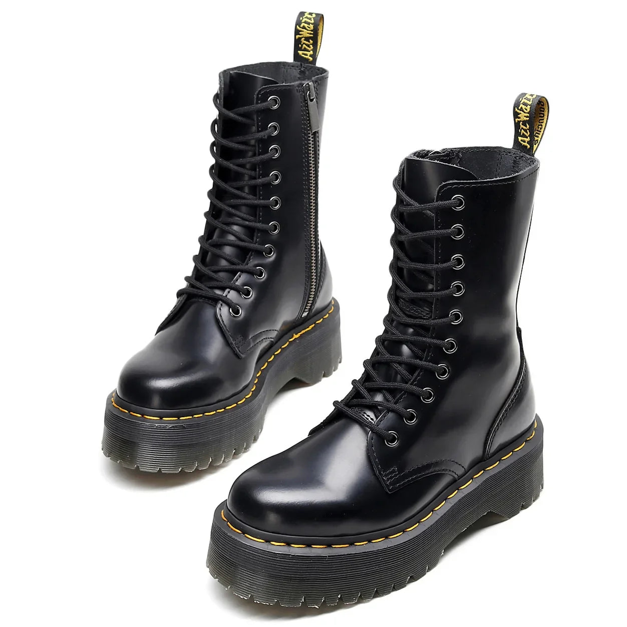 Women's Motorcycle Boots 10 Holes Thick Bottom Side Zipper British Style Long Booties Flatform Work Boots round Toe Mid Heel