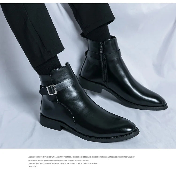 Men's Winter High-top Versatile Chelsea Boots Classic Soft and Comfortable Zippered Shoes Maximum Size 47 Black Leather Shoes