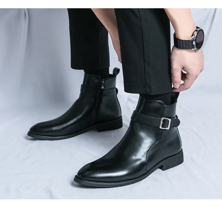 Men's Winter High-top Versatile Chelsea Boots Classic Soft and Comfortable Zippered Shoes Maximum Size 47 Black Leather Shoes