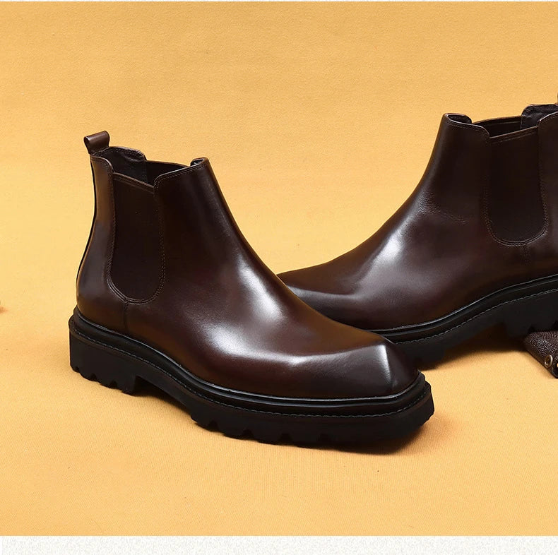 Retro Mens Genuine Leather Boots Luxury Quality Handmade British Trend Platform Ankle Fashion Black Chelsea Business Shoes Man