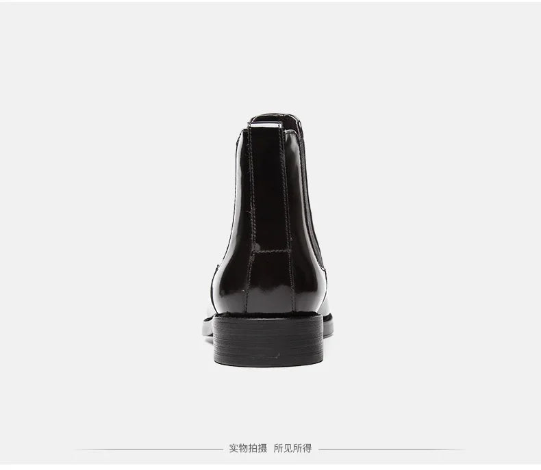 Men's Chelsea boots, glossy leather, high-top shoes, business pointed toe slip-on genuine leather work boots, short leather boot