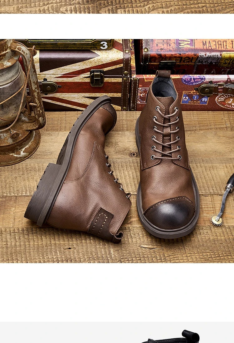 Vintage Business Mens Boots Luxury Genuine Cow Leather Spring Work Shoes 2025 New Style Full Grain Leather Round Toe Ankle Boots