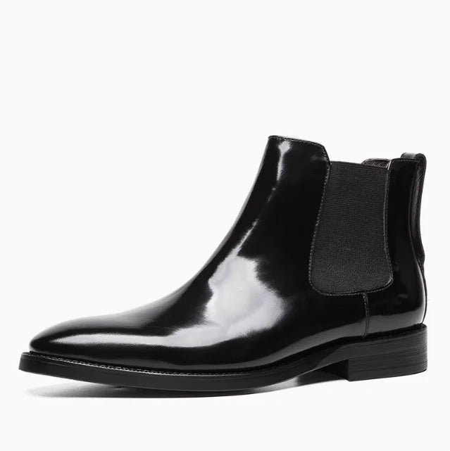 Men's Chelsea boots, glossy leather, high-top shoes, business pointed toe slip-on genuine leather work boots, short leather boot