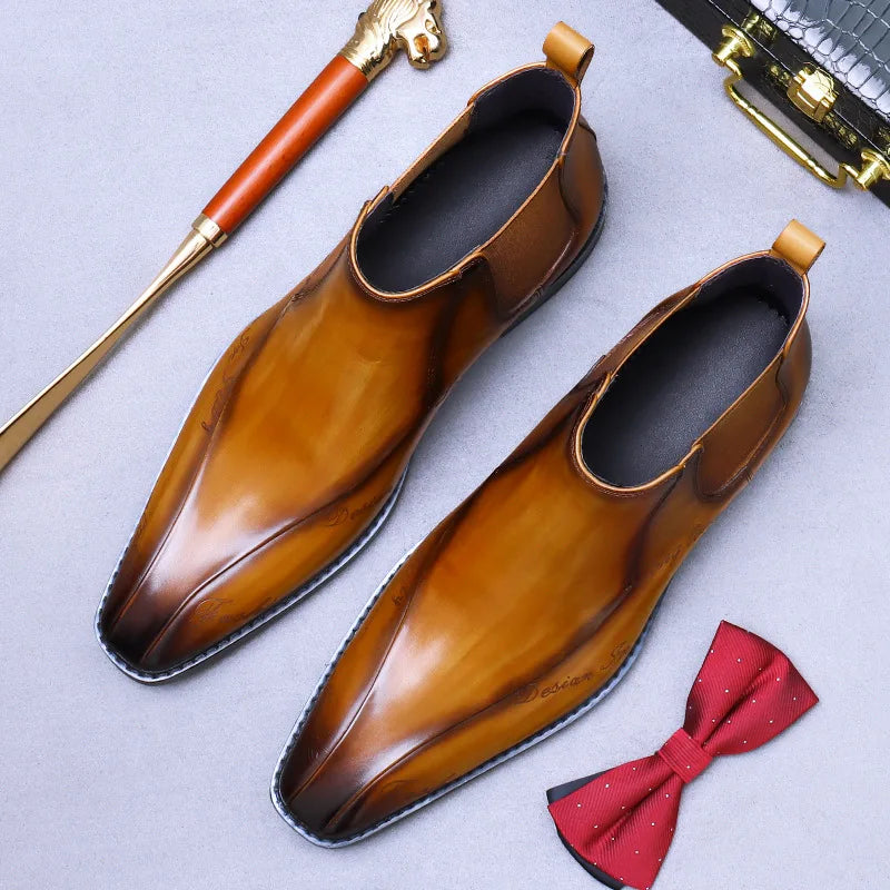 High-Top Men's Chelsea Boots Full Grain Leather British Retro Ankle Boots Business Casual Trendy Men's Shoes