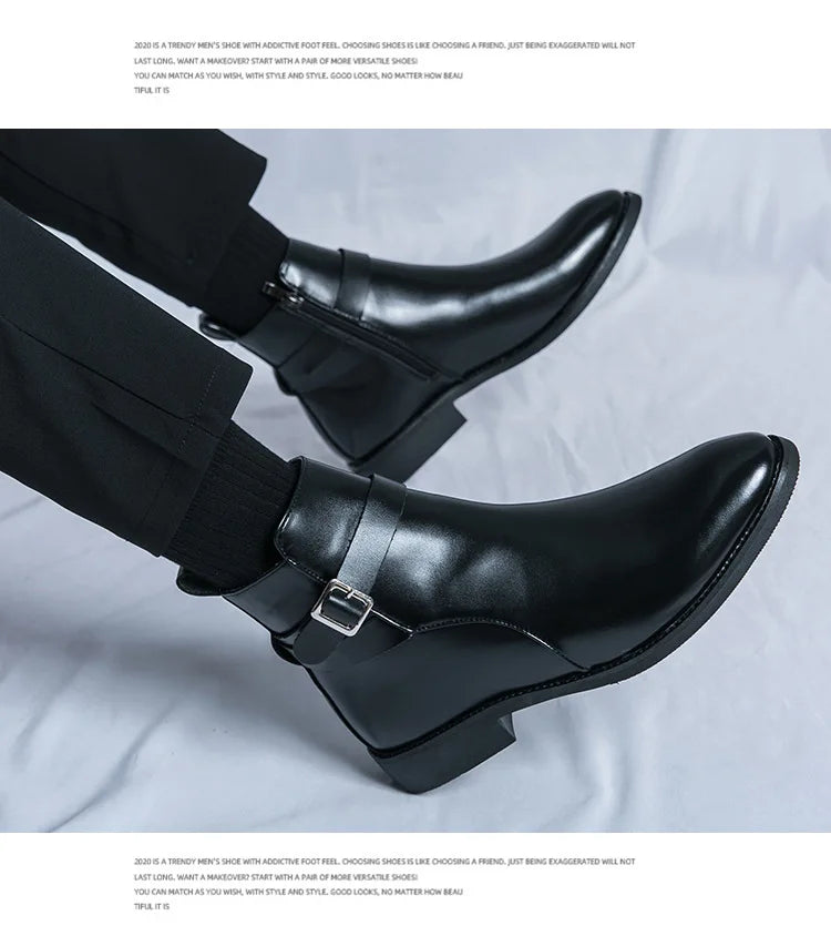 Men's Winter High-top Versatile Chelsea Boots Classic Soft and Comfortable Zippered Shoes Maximum Size 47 Black Leather Shoes
