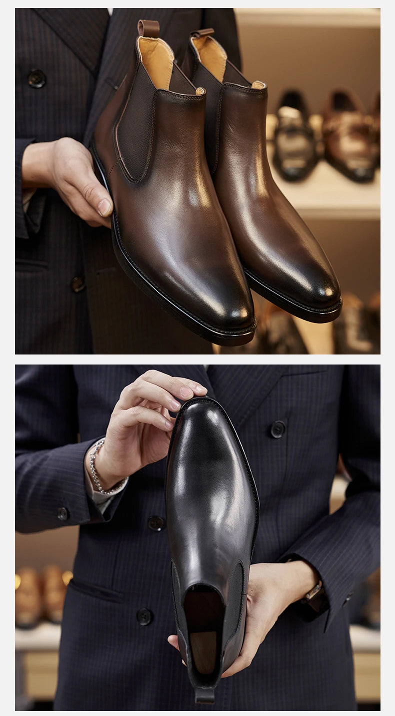 Retro Elegant Mens Chelsea Boots Luxury Genuine Leather Handmade Comfortable Quality British Style Ankle Wedding Party Shoes Man