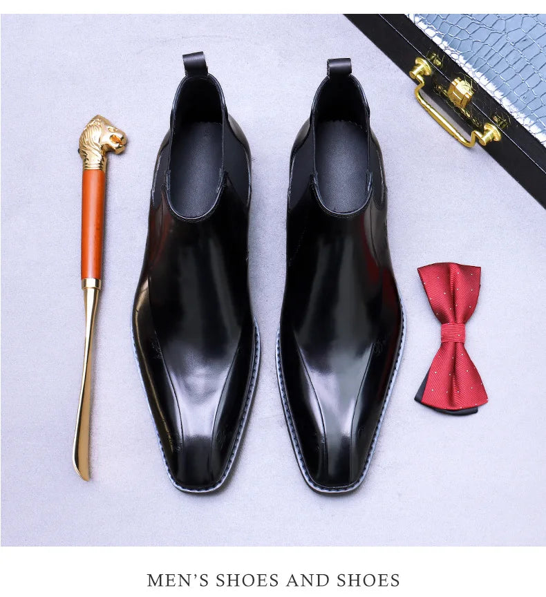High-Top Men's Chelsea Boots Full Grain Leather British Retro Ankle Boots Business Casual Trendy Men's Shoes
