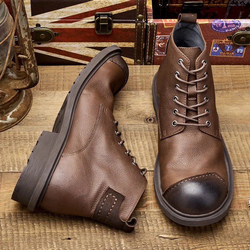 Vintage Business Mens Boots Luxury Genuine Cow Leather Spring Work Shoes 2025 New Style Full Grain Leather Round Toe Ankle Boots