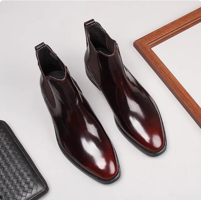 Men's Chelsea boots, glossy leather, high-top shoes, business pointed toe slip-on genuine leather work boots, short leather boot