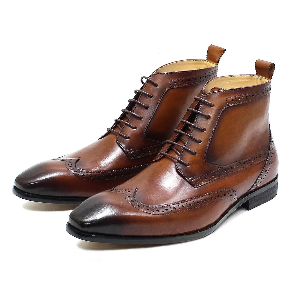 Men's Classic Calfskin Real Leather Cowboy Boots Lace-Up Wingtip Pointed Toe High Cut Formal Derby Shoes