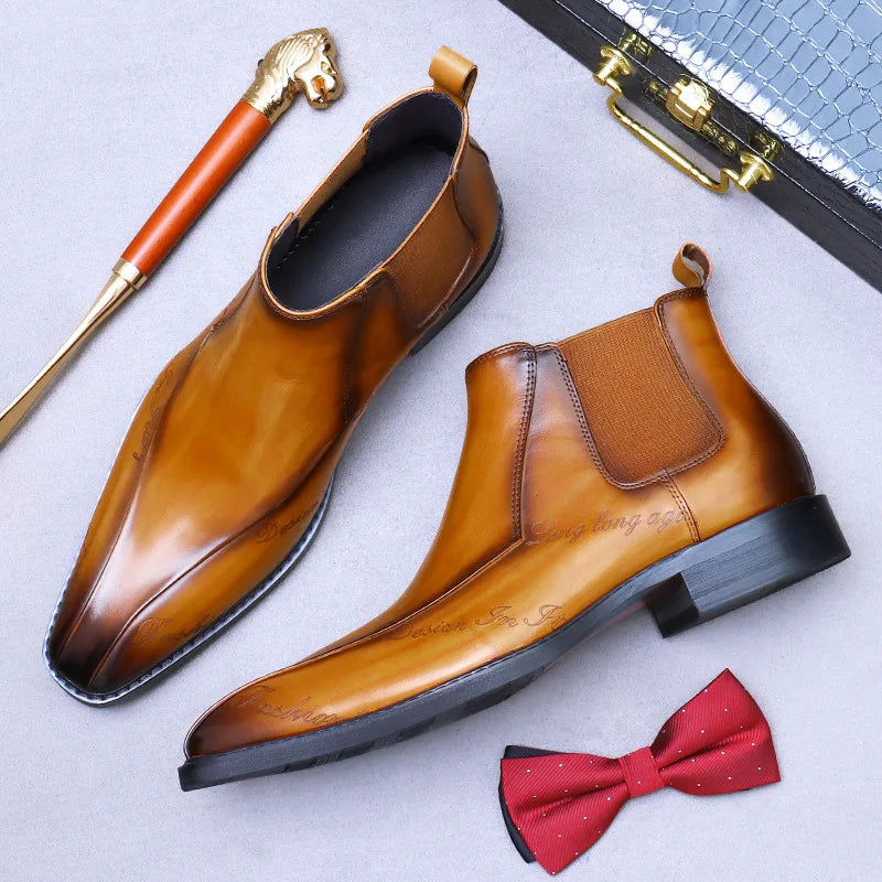 High-Top Men's Chelsea Boots Full Grain Leather British Retro Ankle Boots Business Casual Trendy Men's Shoes