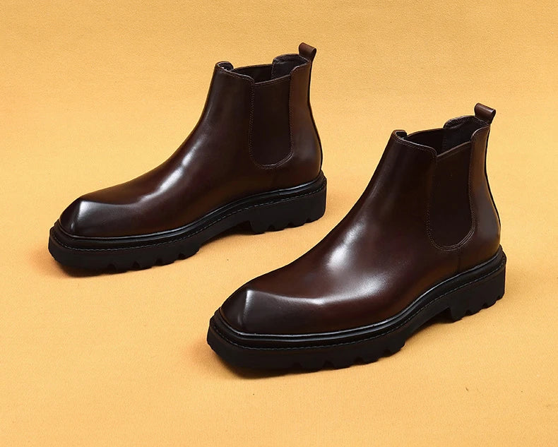 Retro Mens Genuine Leather Boots Luxury Quality Handmade British Trend Platform Ankle Fashion Black Chelsea Business Shoes Man
