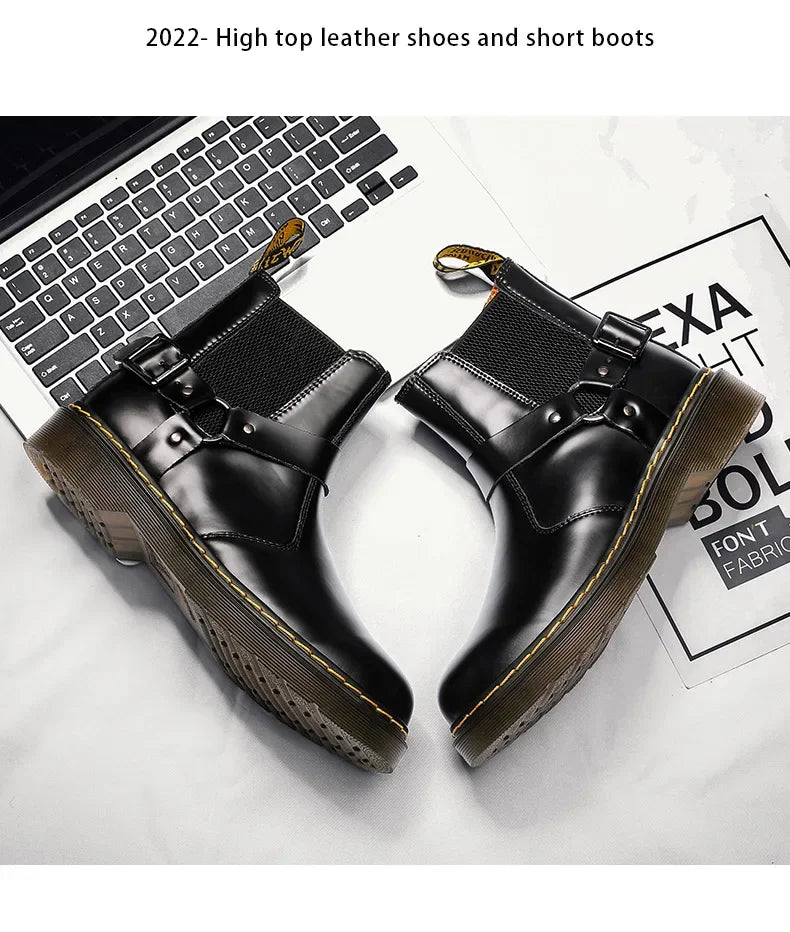 Leather Chelsea Boots Unisex round Toe Biker Style Short Boots Couples Matching Flat Bottom Rubber Sole Spring Autumn Wear