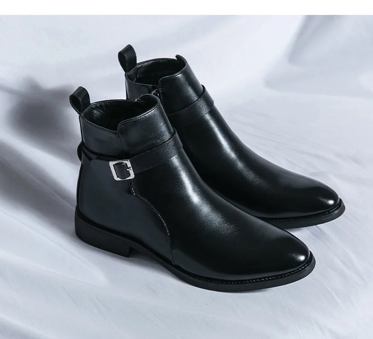 Men's Winter High-top Versatile Chelsea Boots Classic Soft and Comfortable Zippered Shoes Maximum Size 47 Black Leather Shoes
