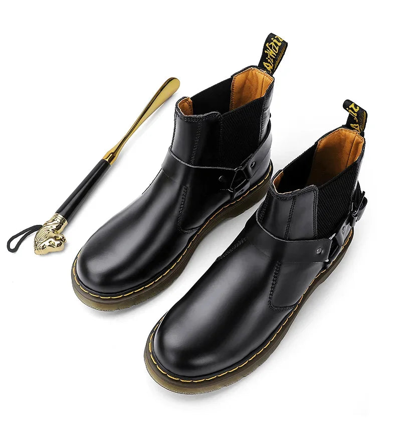Leather Chelsea Boots Unisex round Toe Biker Style Short Boots Couples Matching Flat Bottom Rubber Sole Spring Autumn Wear