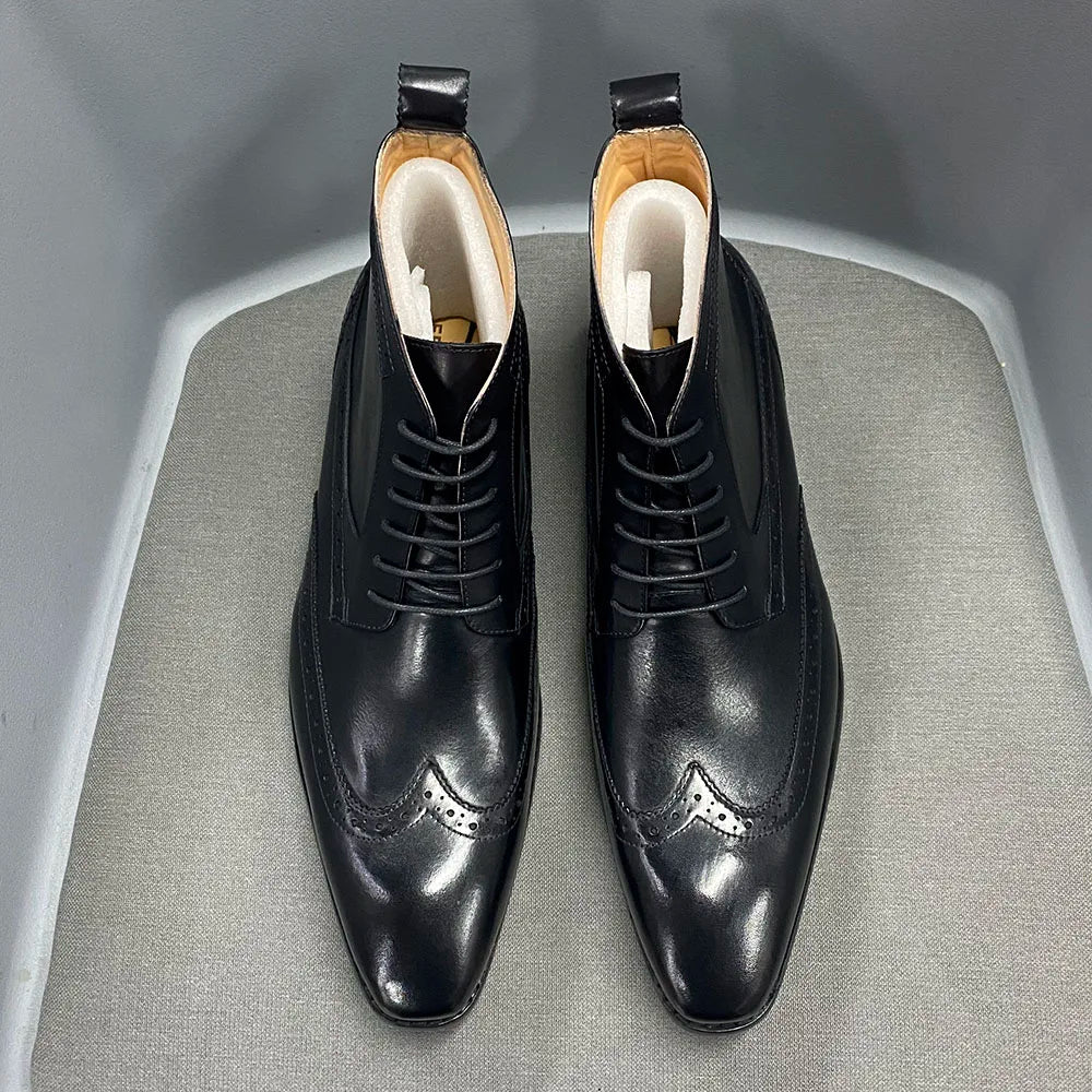 Men's Classic Calfskin Real Leather Cowboy Boots Lace-Up Wingtip Pointed Toe High Cut Formal Derby Shoes