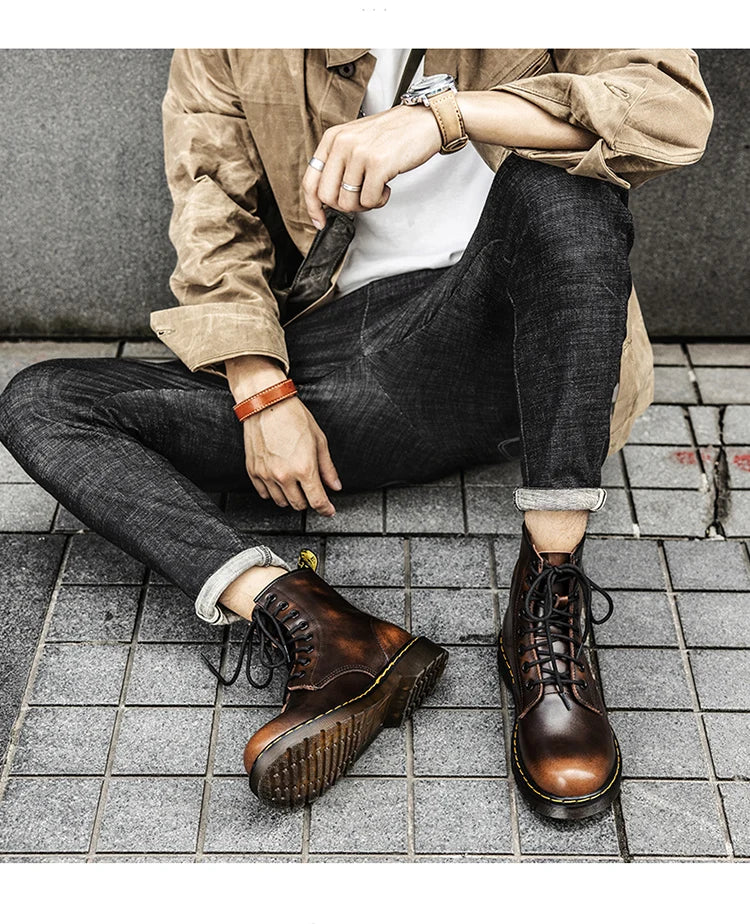 Men's high-top boots, high-quality women's leather shoes, outdoor 8-hole sports shoes, men's lace-up ankle boots, couple 35-48